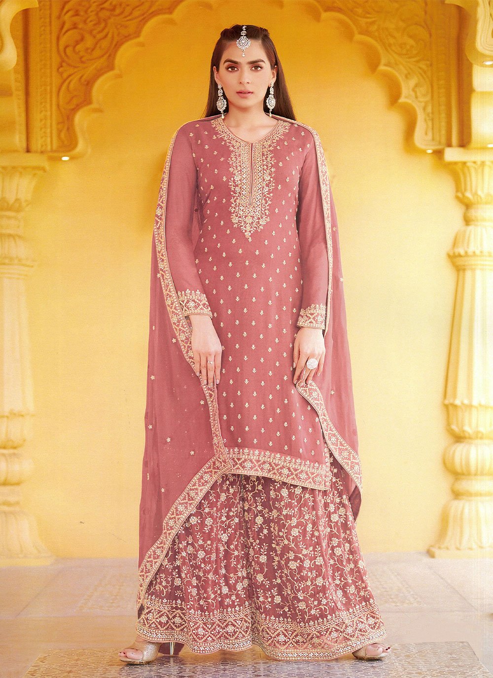 Embroidered Pink Faux Georgette Salwar Suit