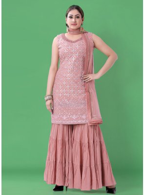 Embroidered Pink Georgette Readymade Salwar Suit