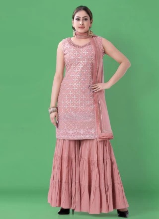 Embroidered Pink Georgette Readymade Salwar Suit