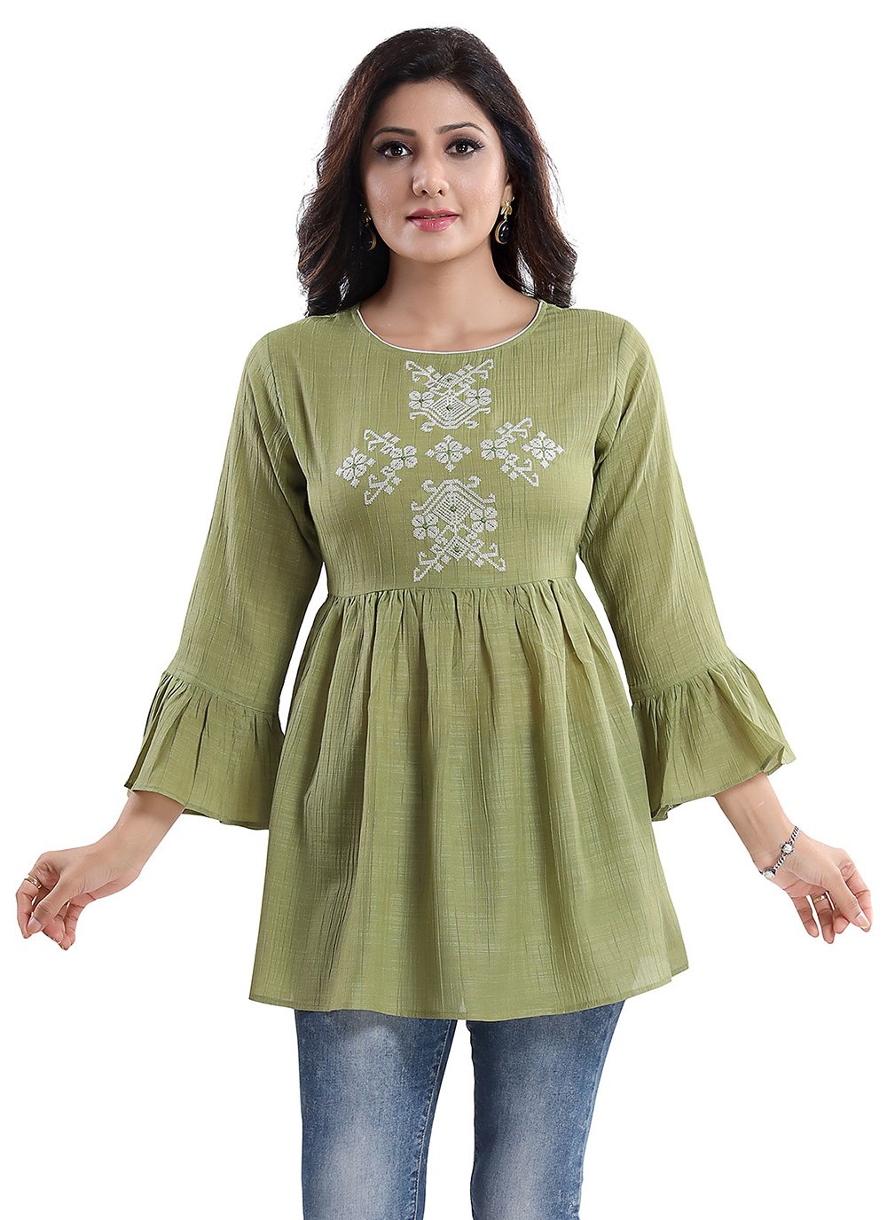 Embroidered Poly Cotton Designer Kurti in Green