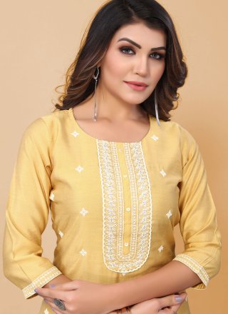 Embroidered Poly Silk Yellow Pant Style Suit