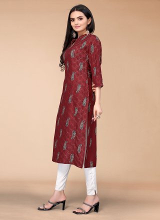 Embroidered Polyester Maroon Casual Kurti