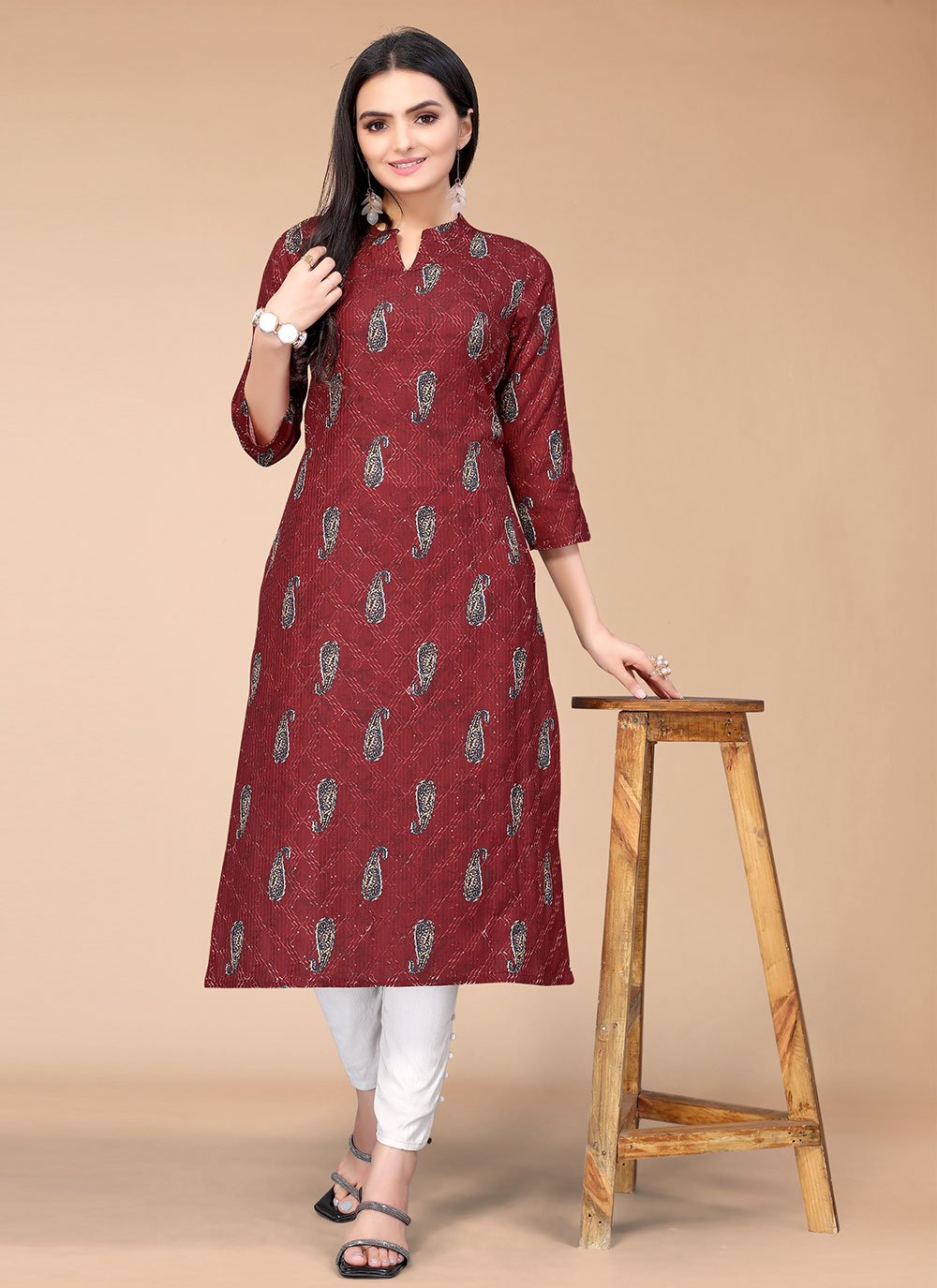 Embroidered Polyester Maroon Casual Kurti