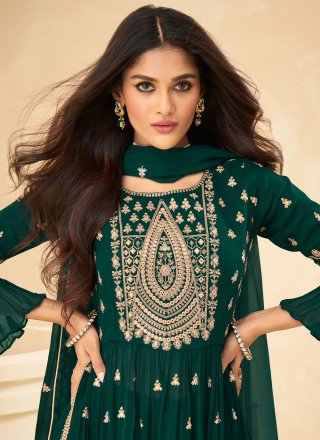 Embroidered Pure Georgette Palazzo Salwar Suit in Green