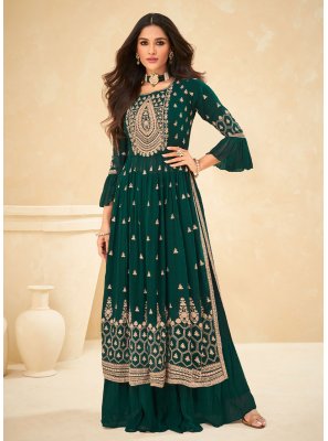 Embroidered Pure Georgette Palazzo Salwar Suit in Green