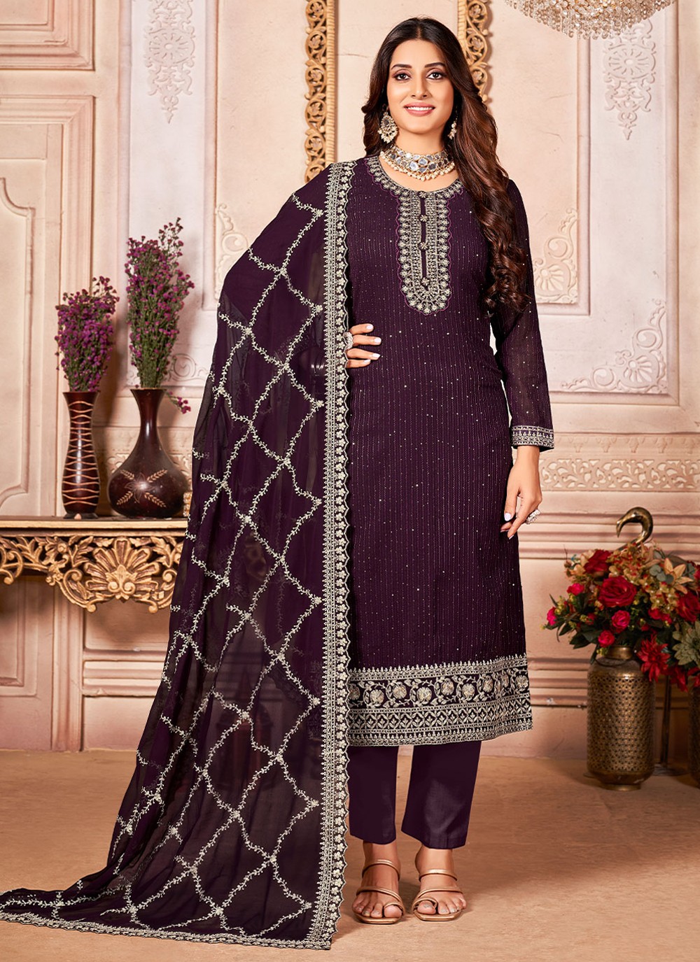 Embroidered Purple Faux Georgette Pant Style Suit