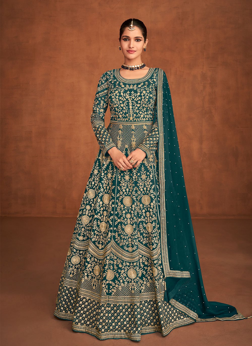 Embroidered Rama Faux Georgette Floor Length Designer Suit