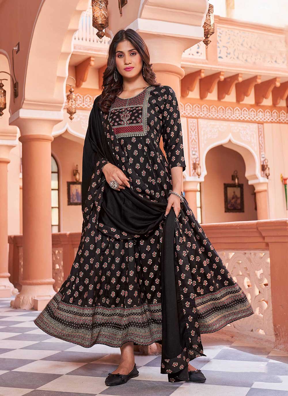 Embroidered Rayon Gown  in Black