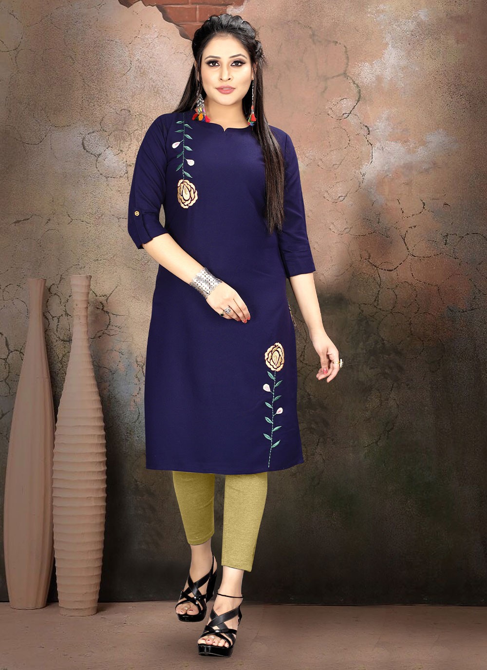 Embroidered Rayon Navy Blue Casual Kurti