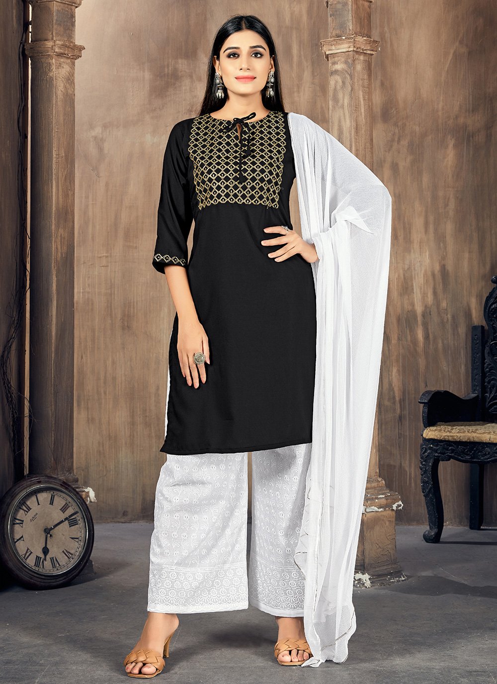 Embroidered Rayon Party Wear Kurti in Black