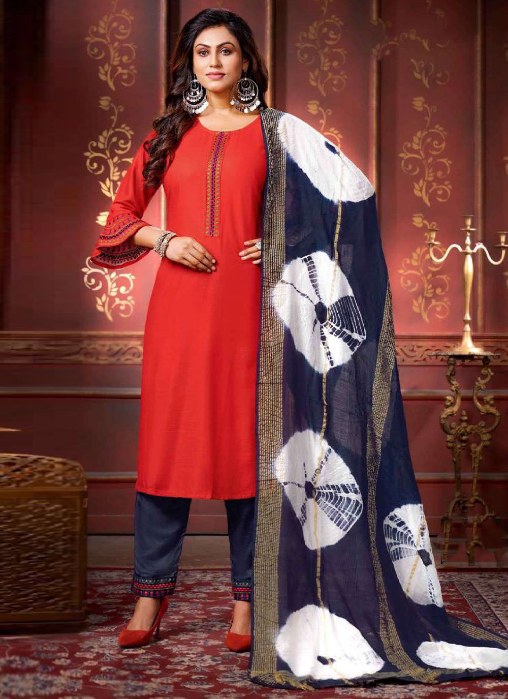Embroidered Rayon Salwar Suit in Red