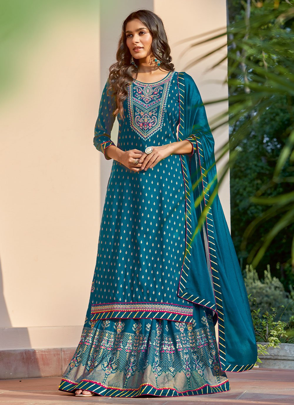 Buy Embroidered Rayon Teal Trendy Lehenga Choli Online