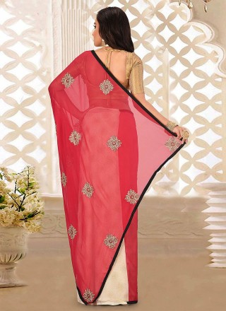 Embroidered Red and White Silk Designer Traditional Saree