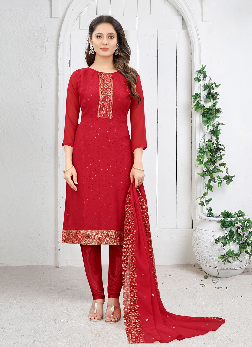Embroidered Red Faux Georgette Trendy Salwar Suit