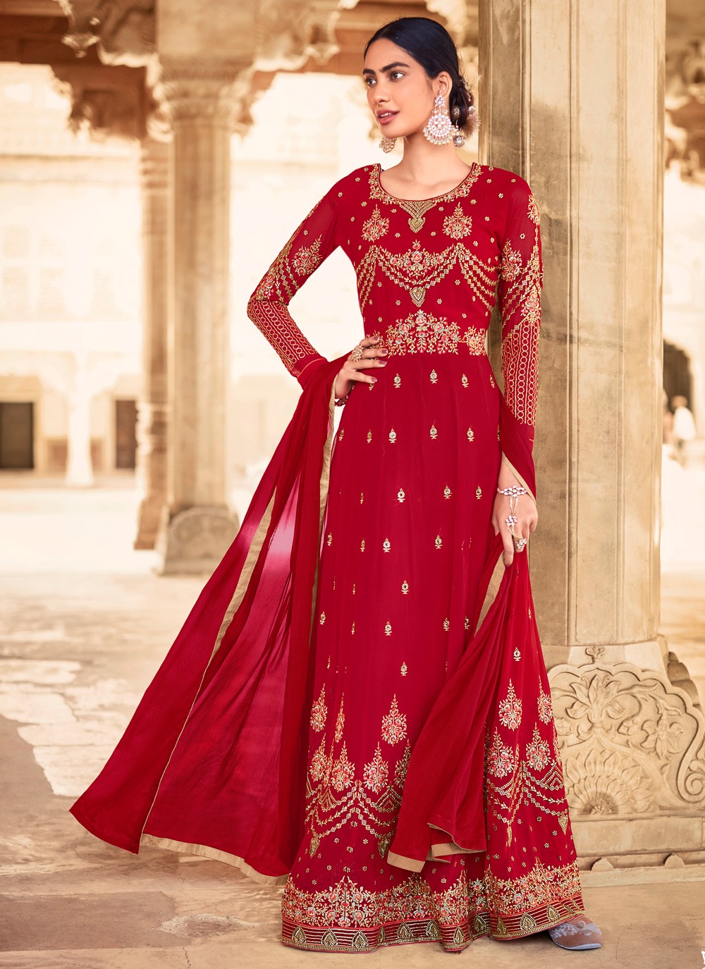Embroidered Red Floor Length Anarkali Salwar Suit 