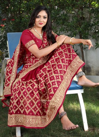 Embroidered Red Vichitra Silk Designer Traditional Saree