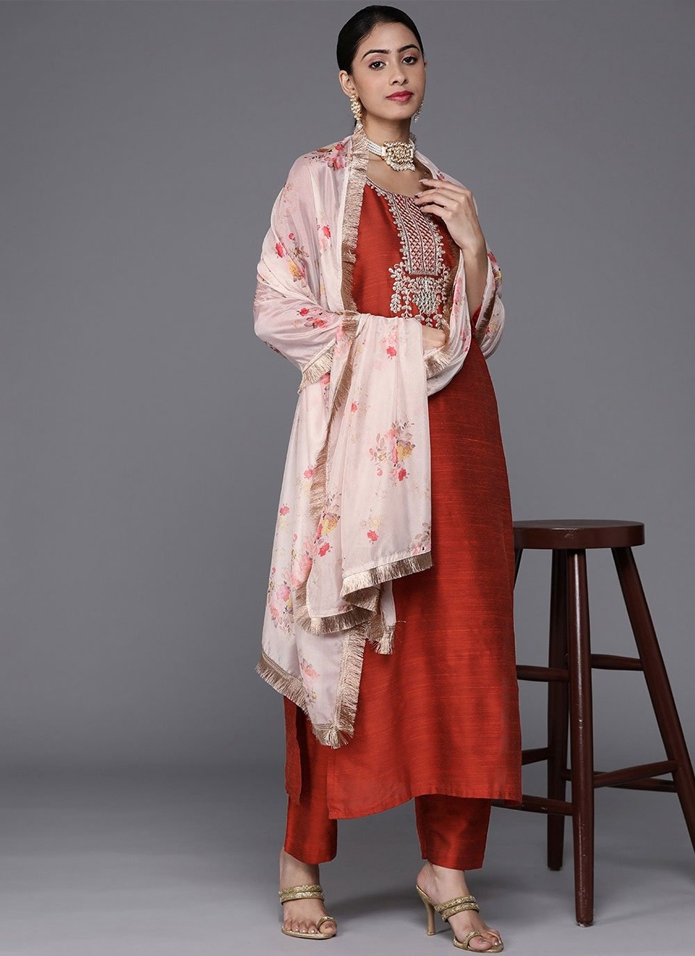 Embroidered Rust Dupion Silk Readymade Salwar Suit