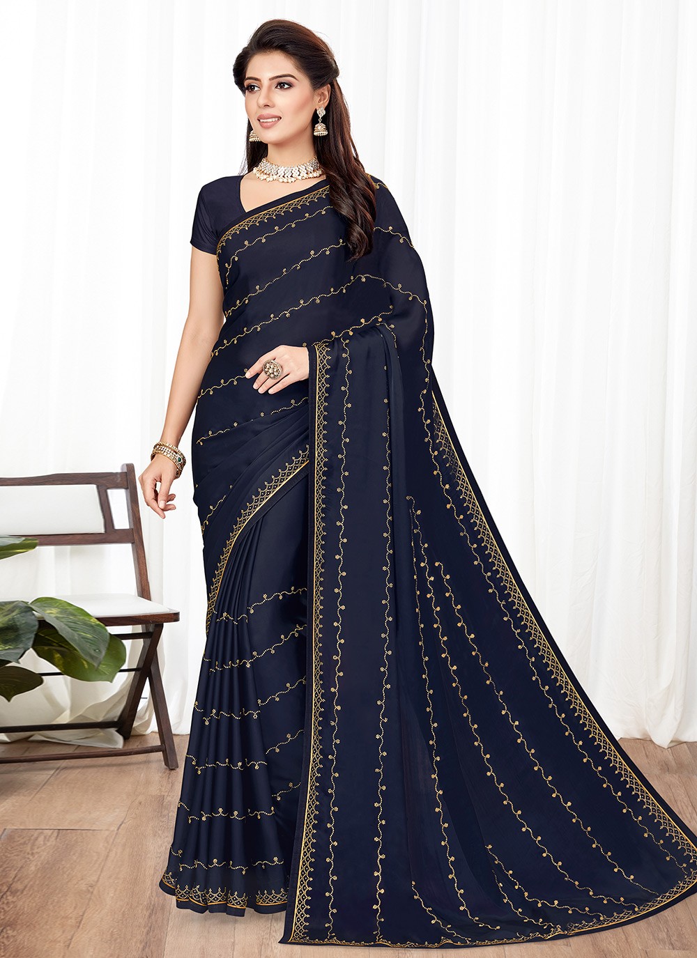 Saree : Navy blue and white stripe printed satin saree