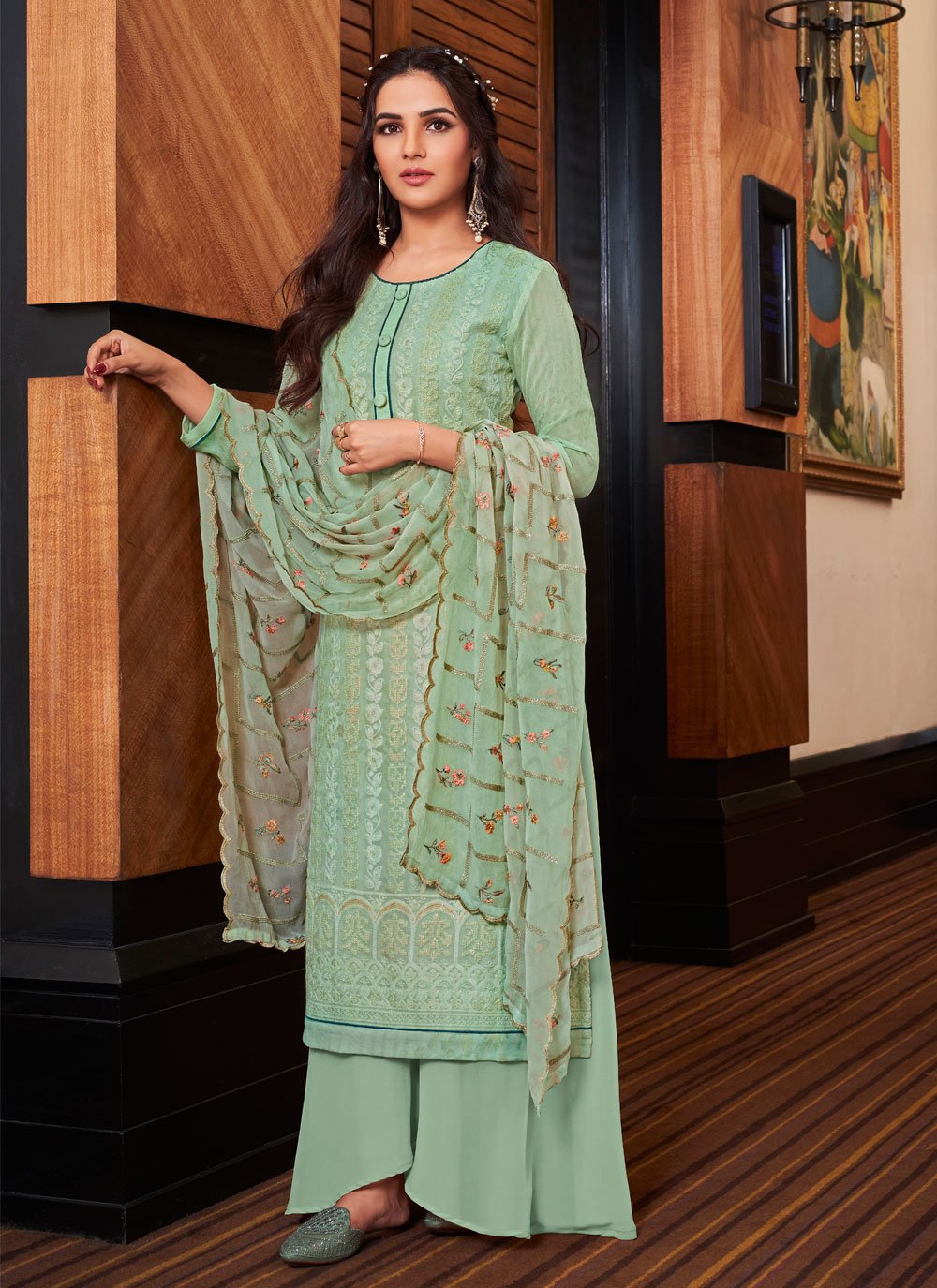 Embroidered Sea Green Faux Georgette Designer Pakistani Suit