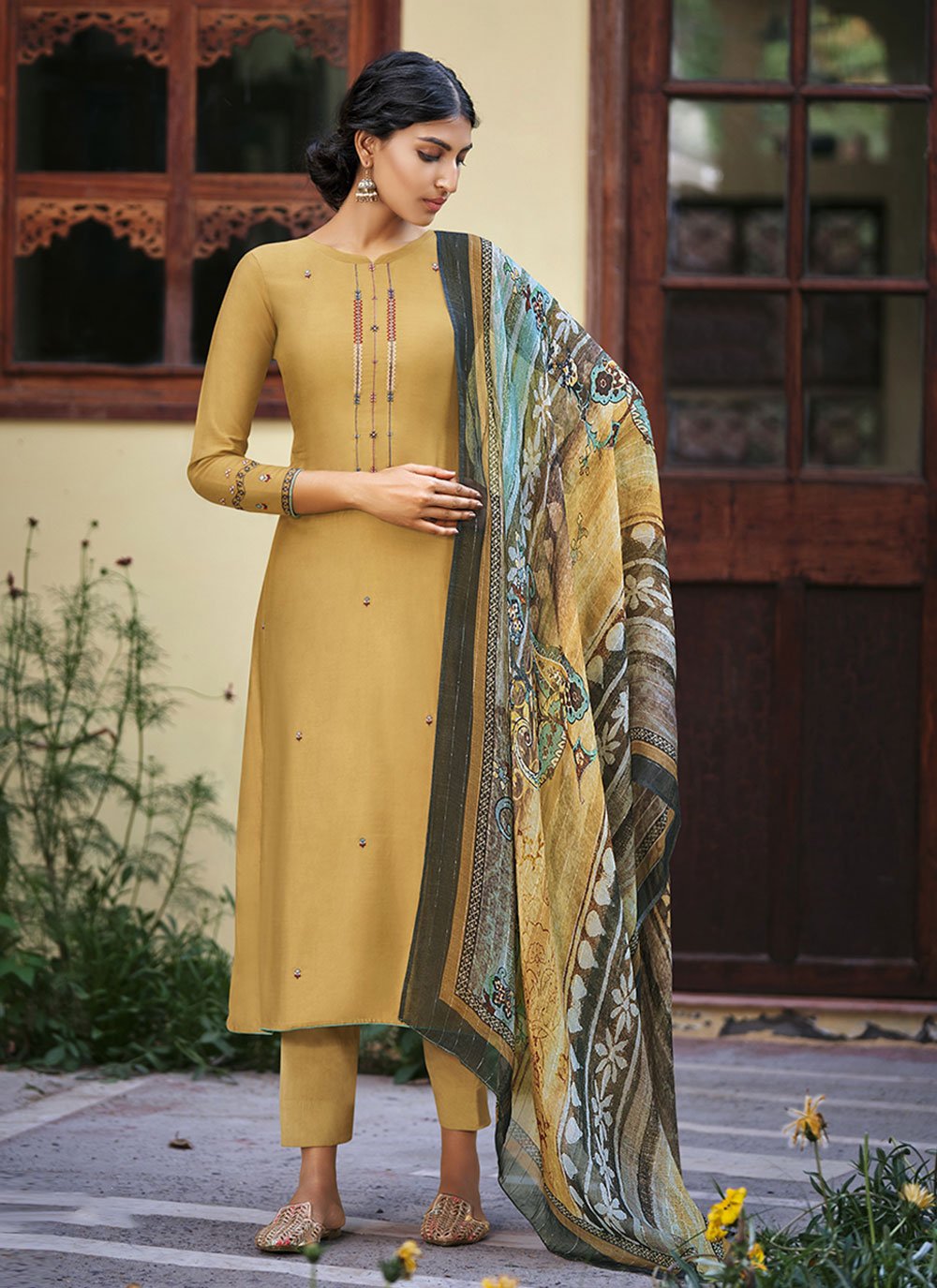 Embroidered Silk Beige Pant Style Suit
