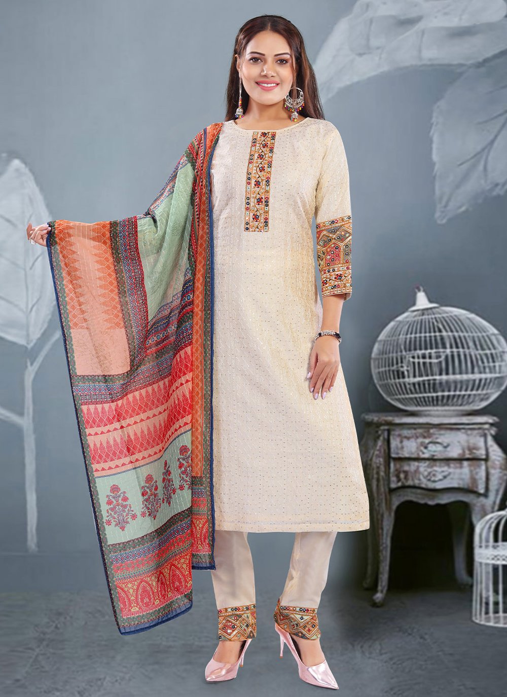 Embroidered Silk Cream Trendy Salwar Suit