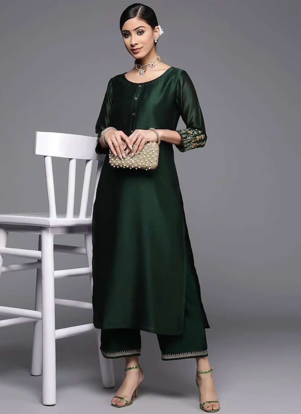 Embroidered Silk Green Party Wear Kurti
