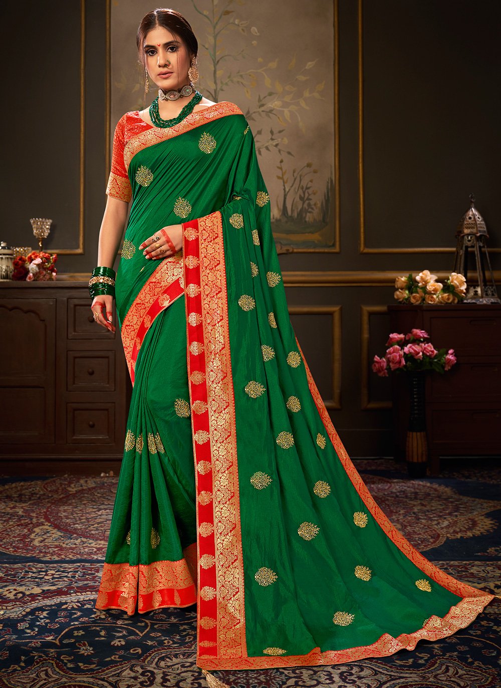 Embroidered Silk Green Traditional Designer Saree