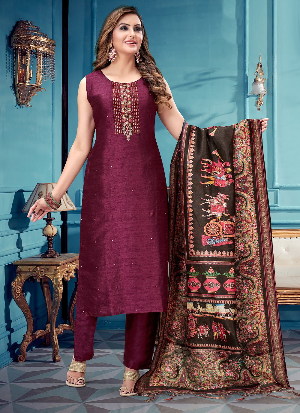 Embroidered Silk Purple Readymade Salwar Suit