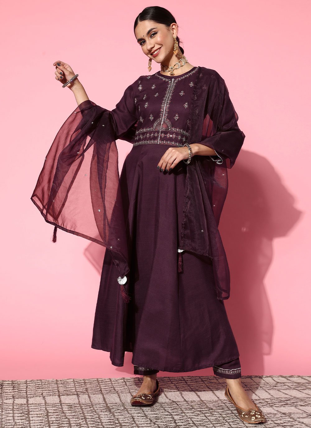 Embroidered Silk Readymade Salwar Kameez in Purple