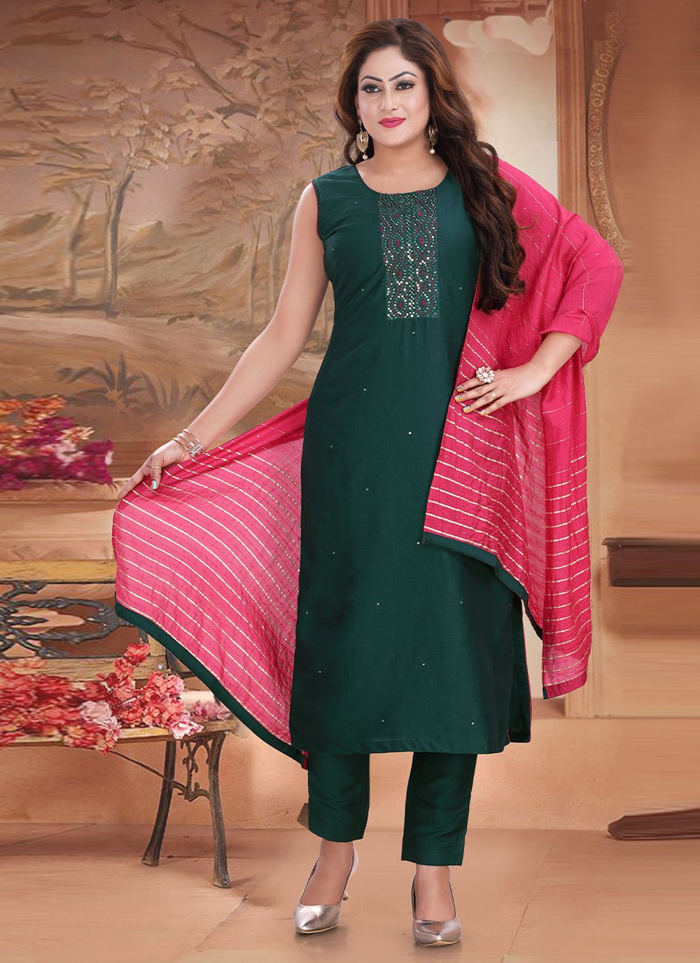 Embroidered Silk Readymade Salwar Suit in Green