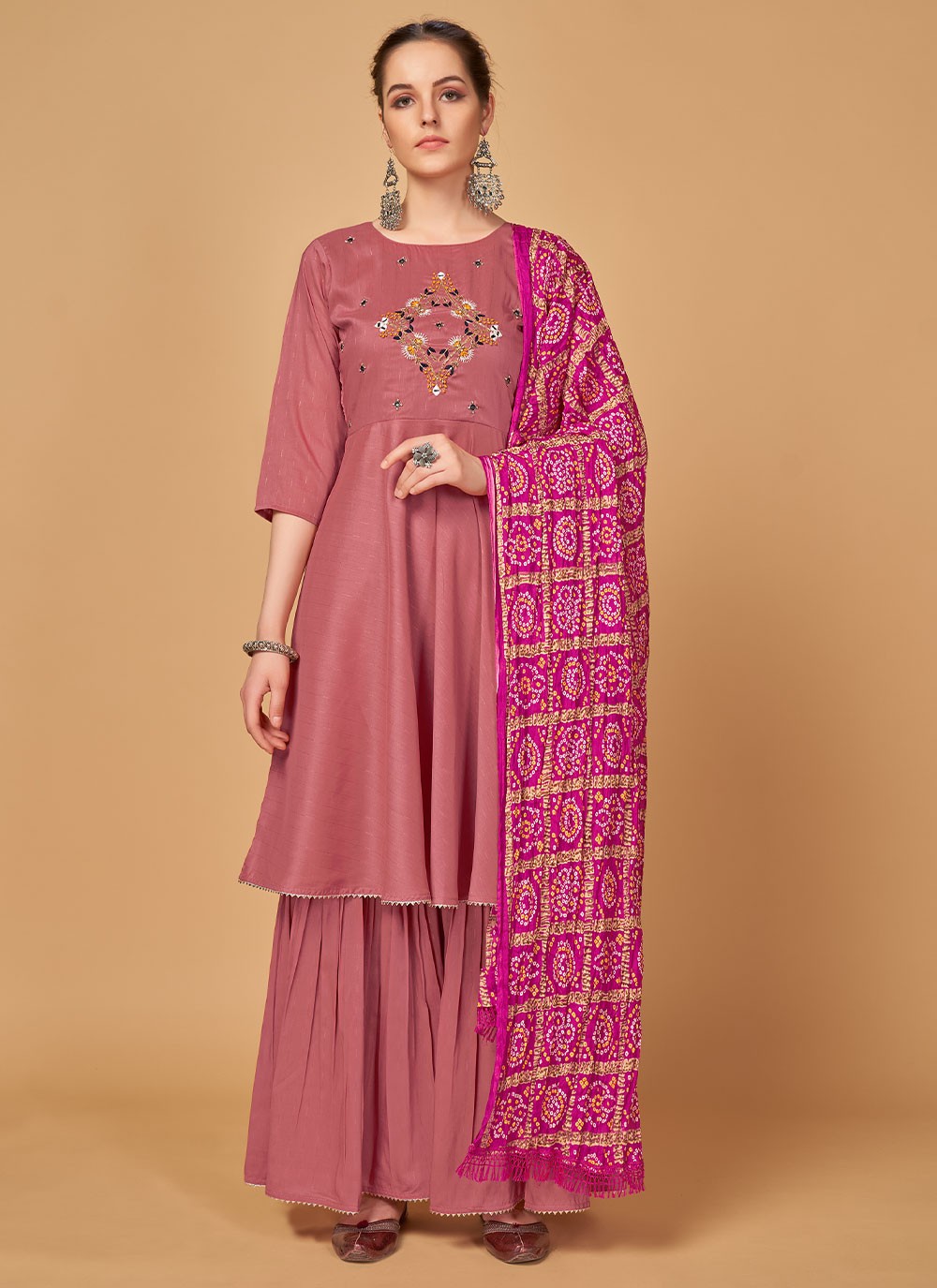 Embroidered Silk Readymade Salwar Suit in Pink