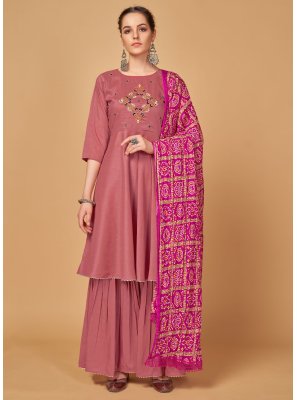 Embroidered Silk Readymade Salwar Suit in Pink