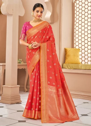 Embroidered Silk Salmon Traditional Designer Saree