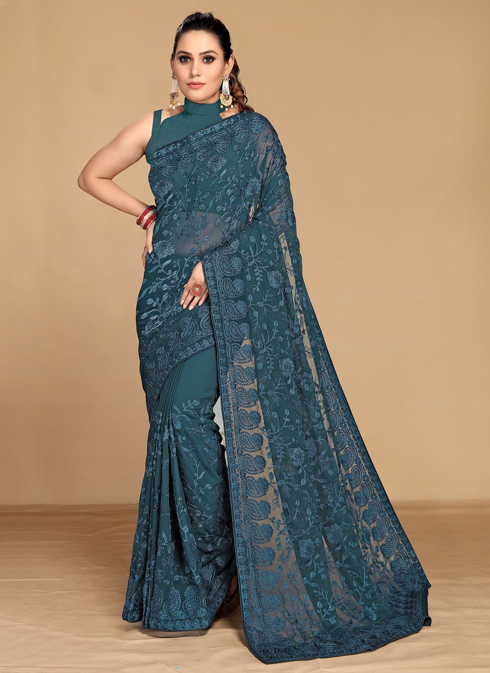 Embroidered Teal Contemporary Saree
