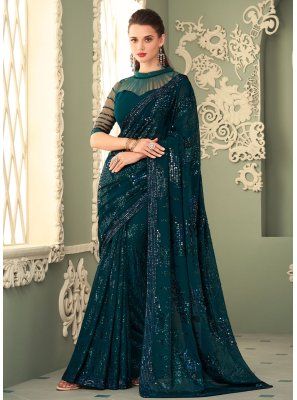 Embroidered Teal Contemporary Saree