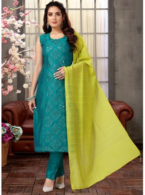 Embroidered Turquoise Silk Readymade Salwar Suit