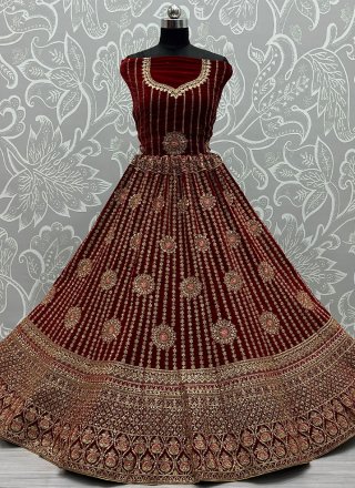 Embroidered Velvet A Line Lehenga Choli in Maroon