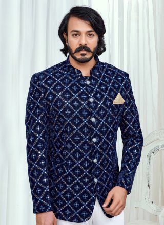 Embroidered Velvet Jodhpuri Suit in Navy Blue