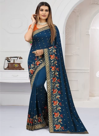 Embroidered Vichitra Silk Classic Saree in Blue