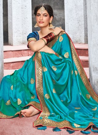 Embroidered Vichitra Silk Classic Saree in Turquoise