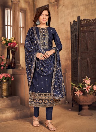 Embroidered Viscose Blue Pant Style Suit