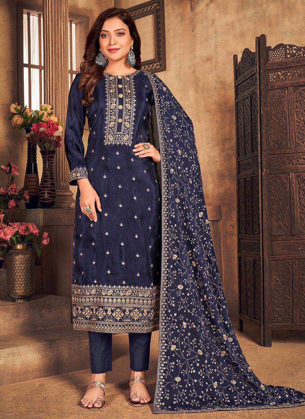 Embroidered Viscose Blue Pant Style Suit