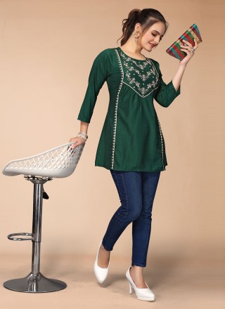 Embroidered Viscose Green Party Wear Kurti
