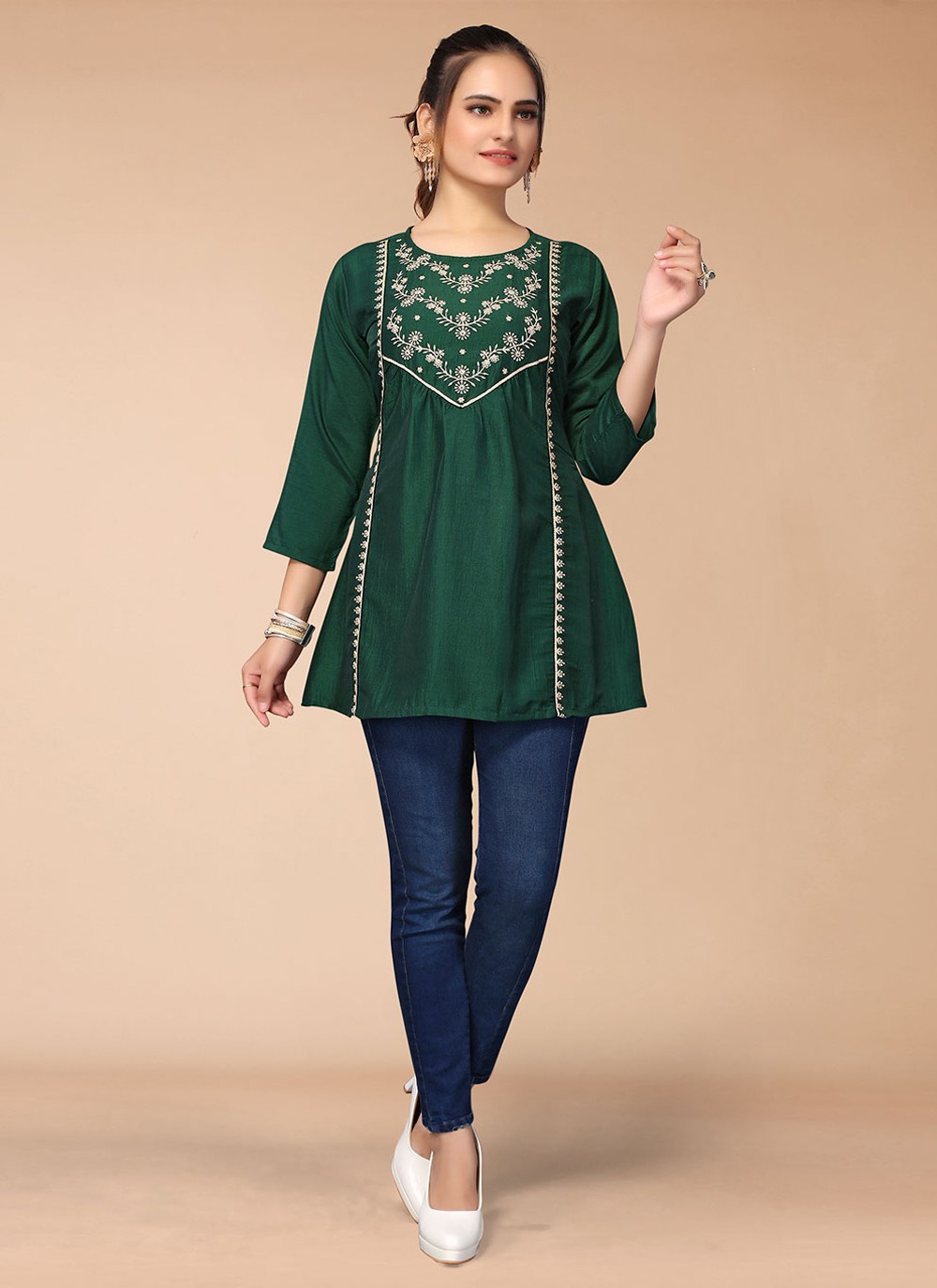 Embroidered Viscose Green Party Wear Kurti