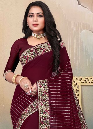 Embroidered Weight Less Contemporary Saree in Maroon