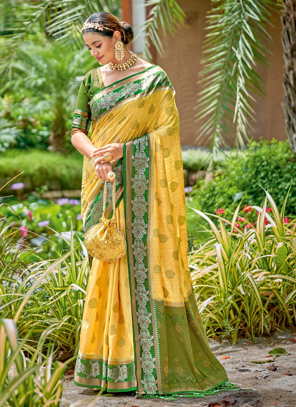 Embroidered Yellow Banarasi Silk Traditional Saree