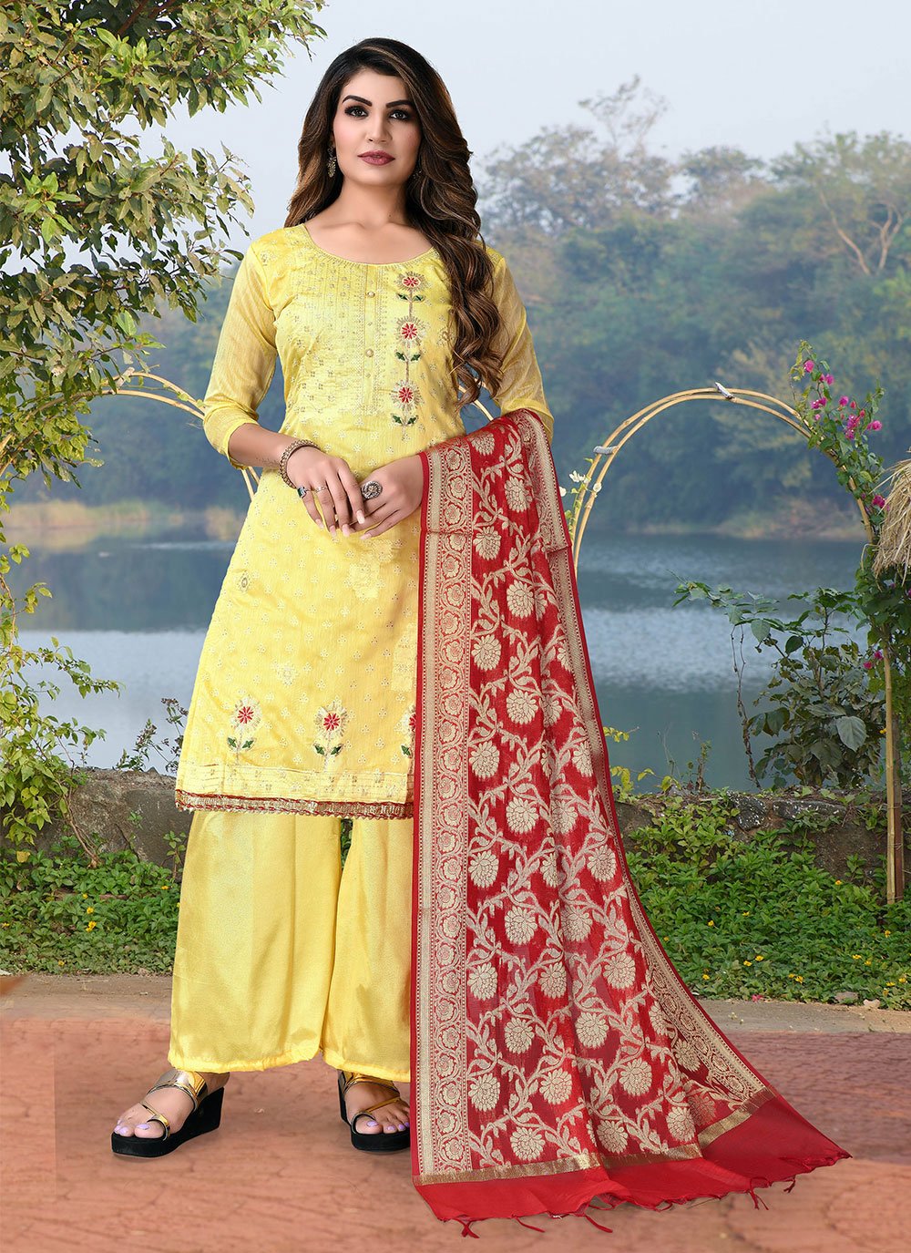 Embroidered Yellow Chanderi Cotton Salwar Suit
