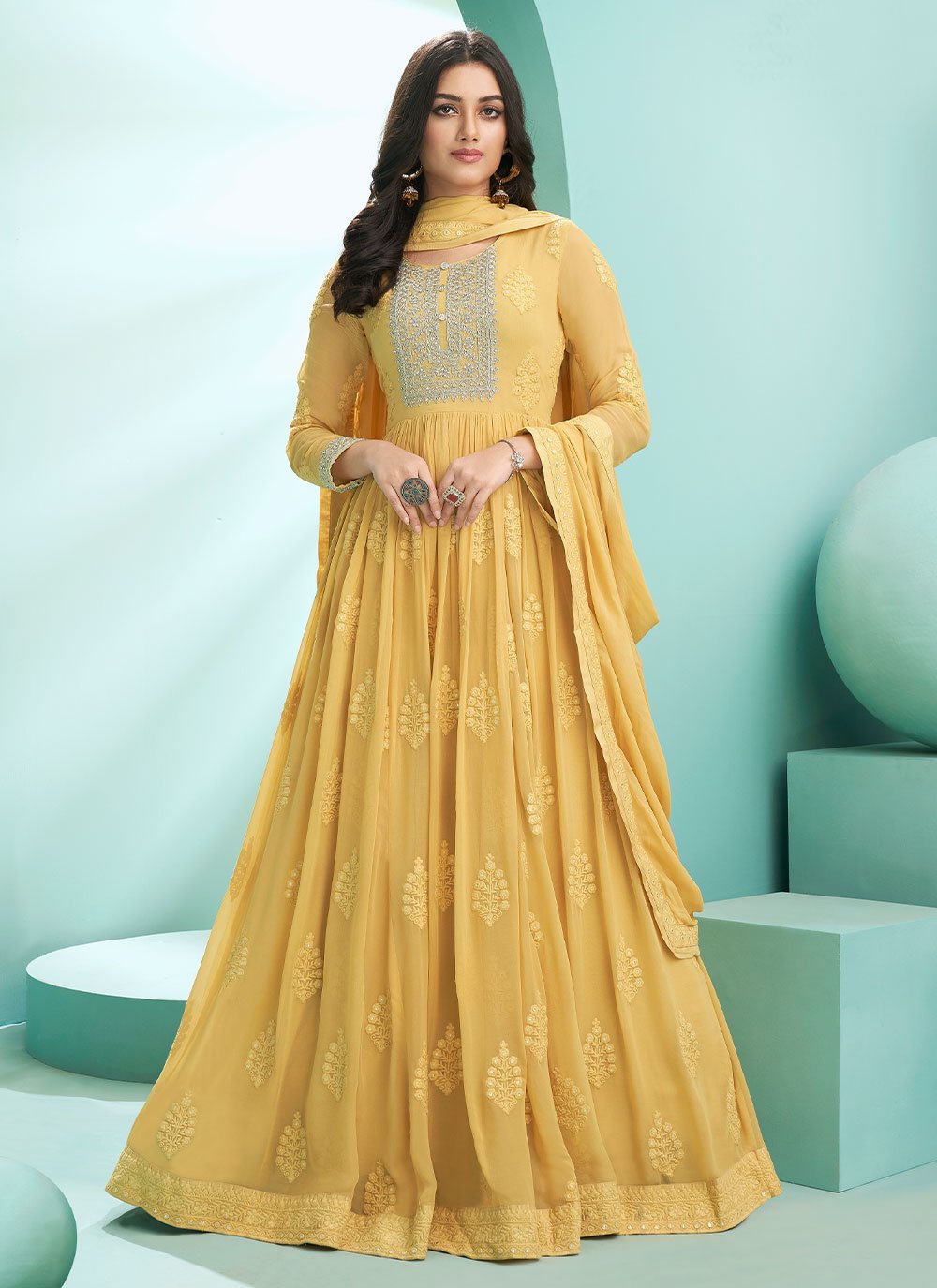 Embroidered Yellow Readymade Salwar Suit 