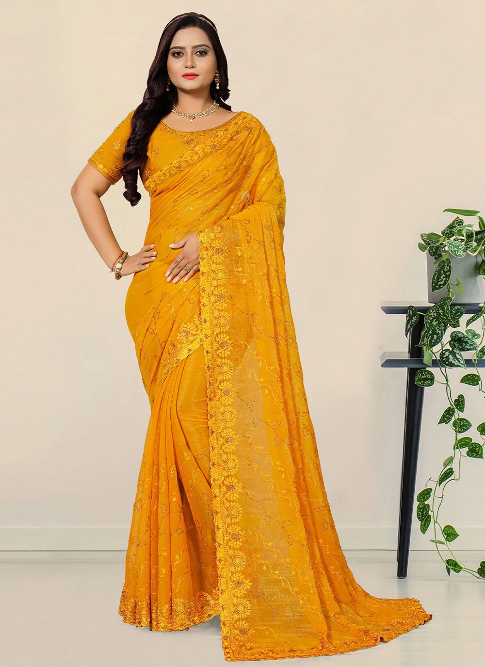 Embroidered Yellow Shimmer Classic Saree