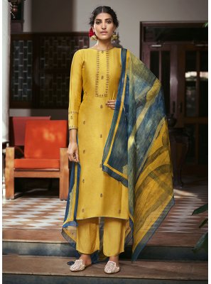 Embroidered Yellow Silk Salwar Suit